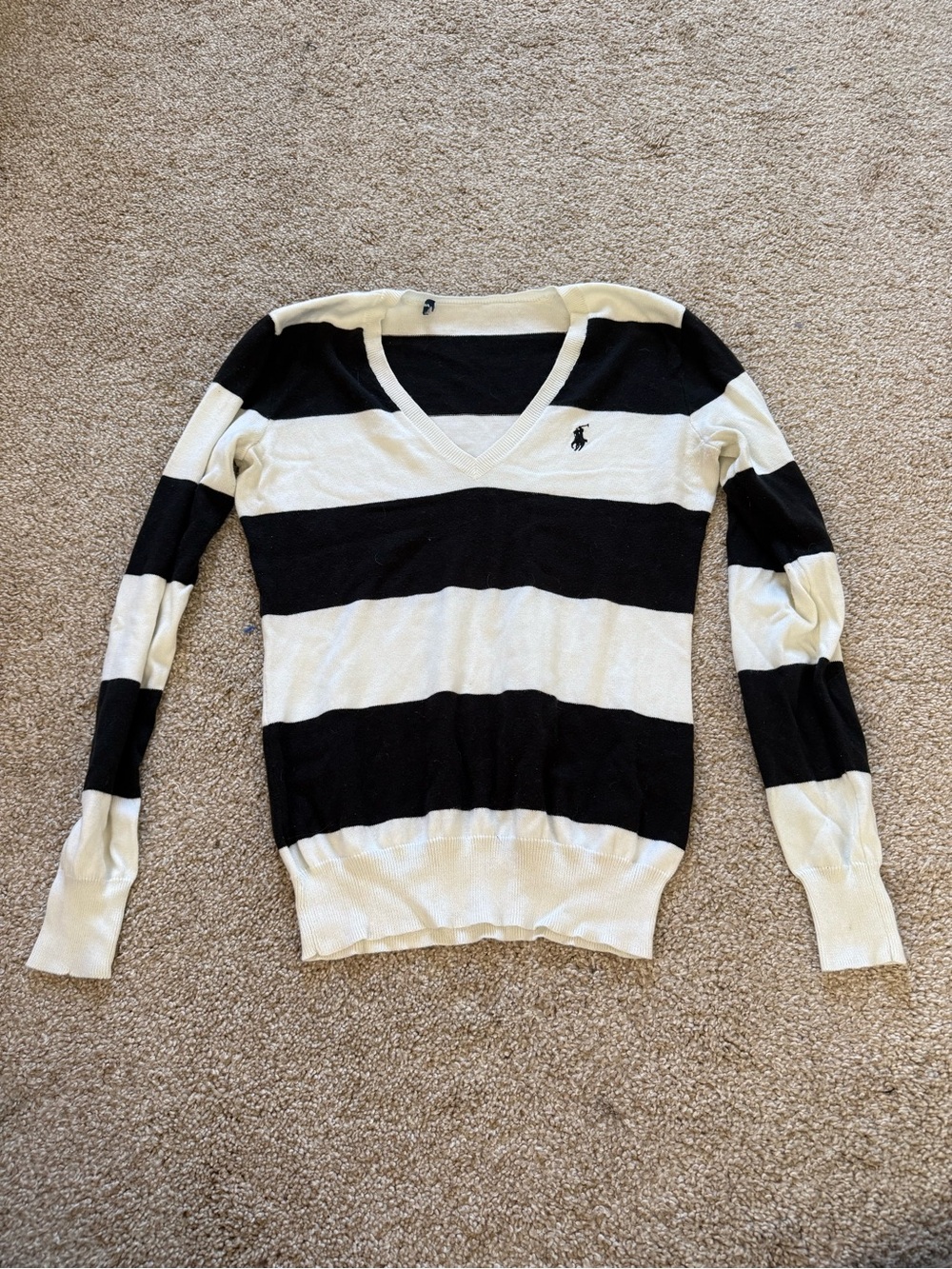 Ralph Lauren Women’s Black & White Striped V-Neck Sweater Size XS